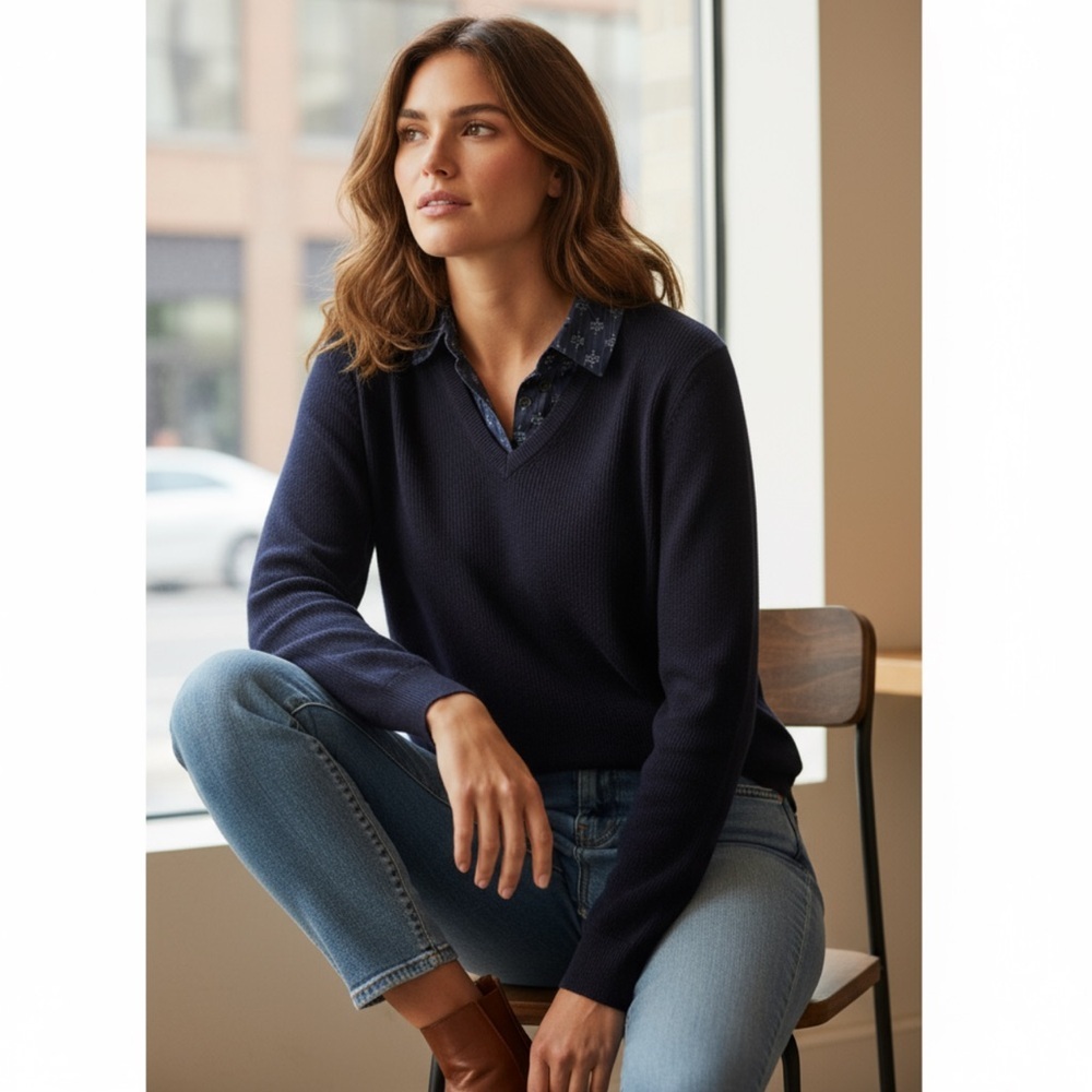 TORY BURCH Merino Wool Navy Blue Collared Sweater Pullover Top